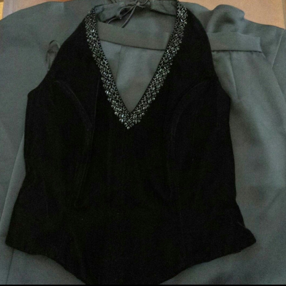 Elegant Black Halter Top with Embellished Neckline